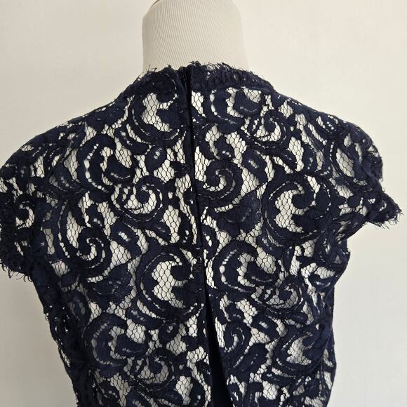 Tadashi Shoji Lace Cocktail Dress Navy Cap Sleeve Tie Waist Event Women 2 - Picture 8 of 13